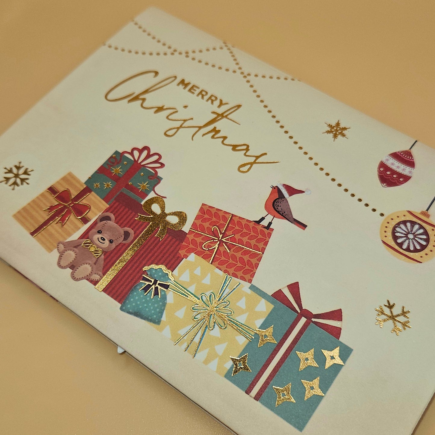 Pop-Up Christmas Card, Gift Card Holder Holiday Greeting, Gold Foil Tree and Presents Festive Keepsake Tiddly Pom Cards