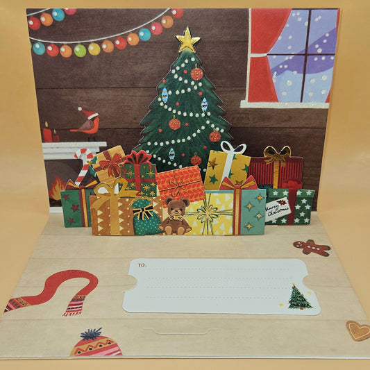 Pop-Up Christmas Card, Gift Card Holder Holiday Greeting, Gold Foil Tree and Presents Festive Keepsake Tiddly Pom Cards