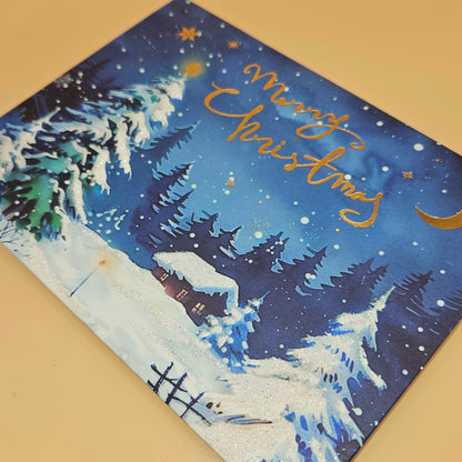 Pop-Up Christmas Card, Gift Card Holder Holiday Greeting, Gold Foil Season's Greetings, Winter Village Snowman Scene Tiddly Pom Cards