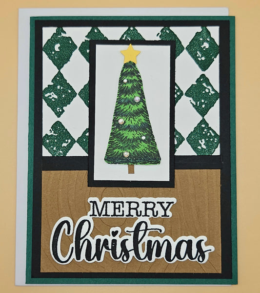 Handmade Christmas Card, Hand Colored Dimensional Tree Holiday Greeting, Merry Christmas Sentiment Keepsake Tiddly Pom Cards