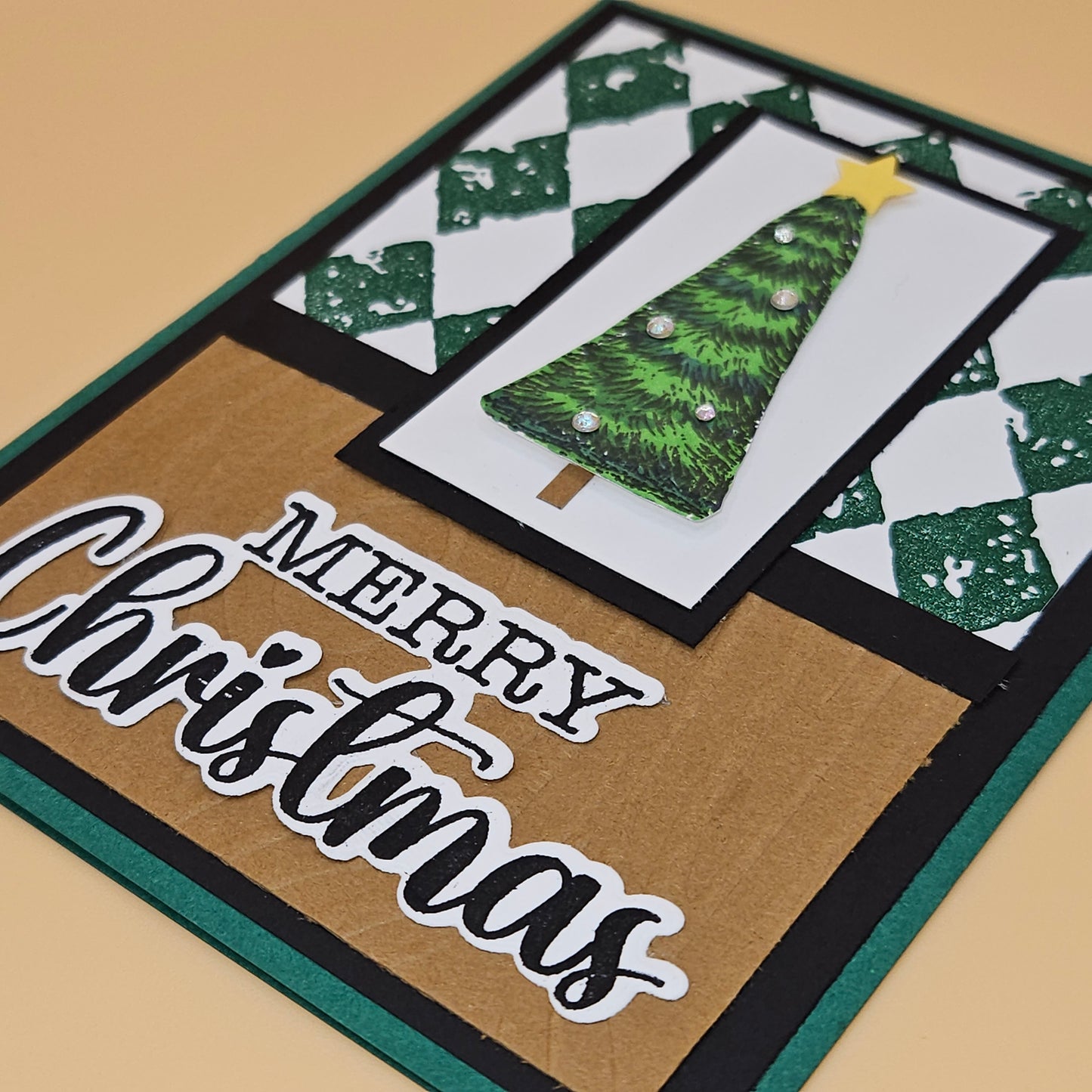 Handmade Christmas Card, Hand Colored Dimensional Tree Holiday Greeting, Merry Christmas Sentiment Keepsake Tiddly Pom Cards