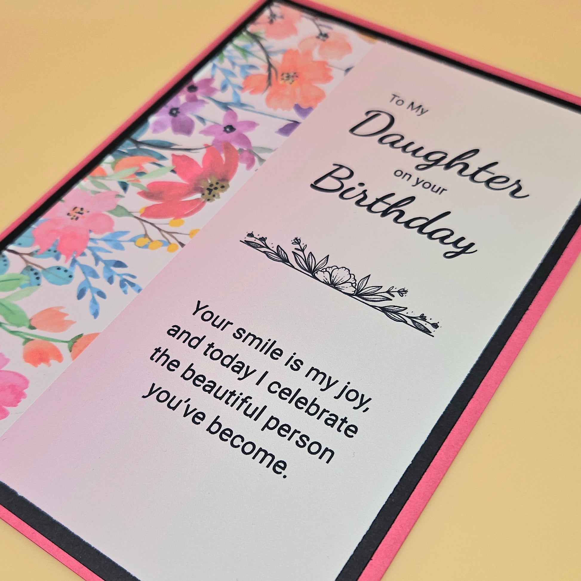 Birthday card for a daughter with floral design and heartfelt message on a yellow background