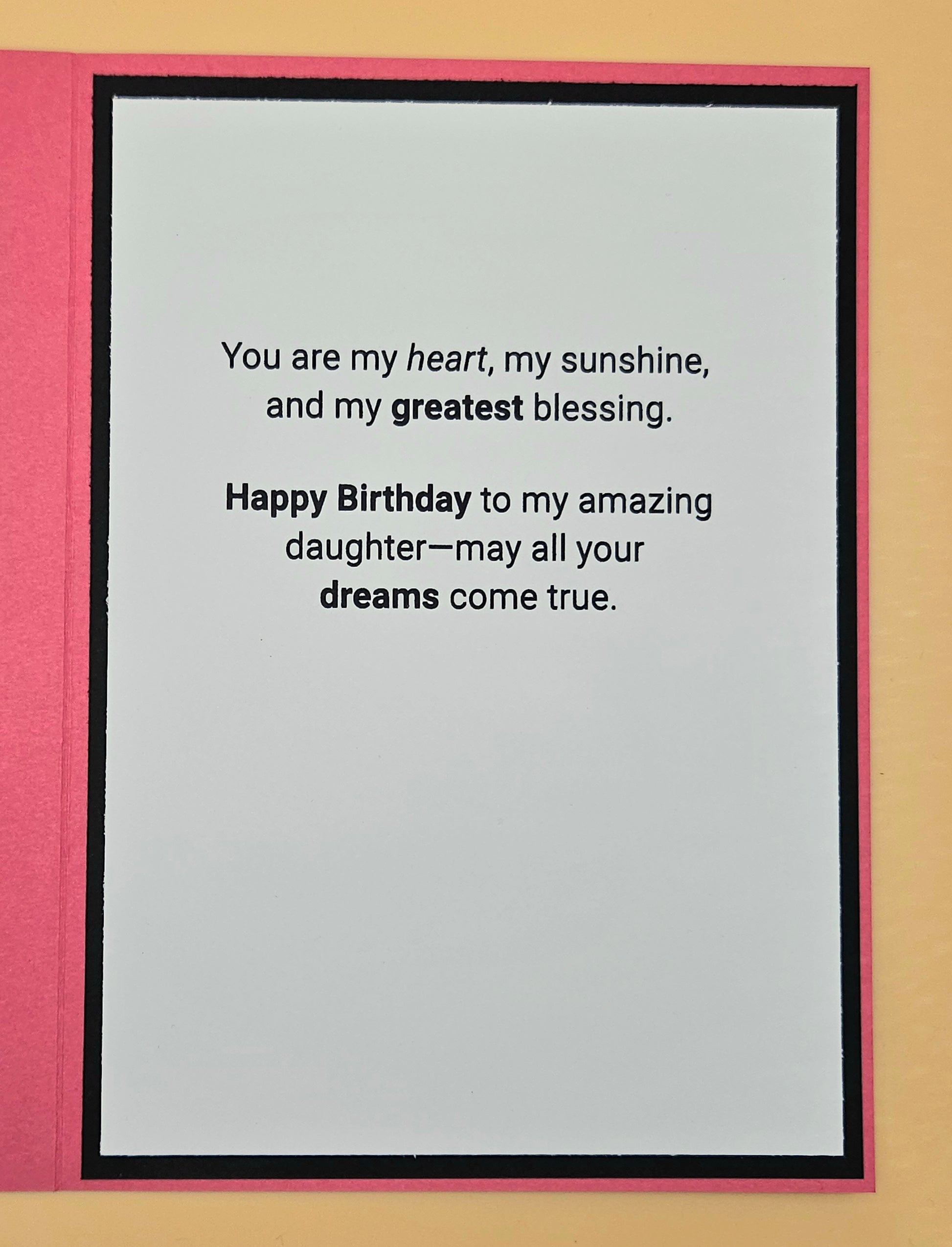 Birthday card for an amazing daughter with heartfelt message on a pink border.