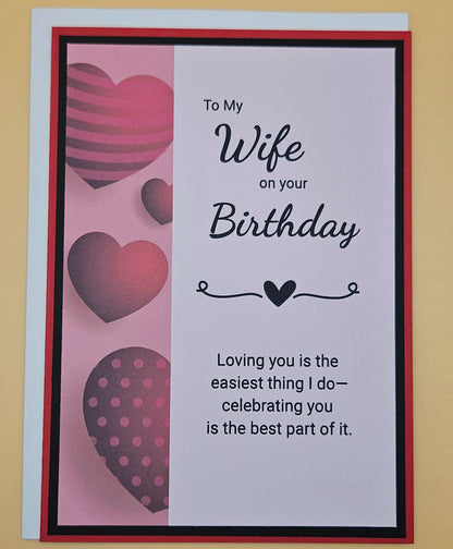 Greeting card for a wife on her birthday with heart designs and text.