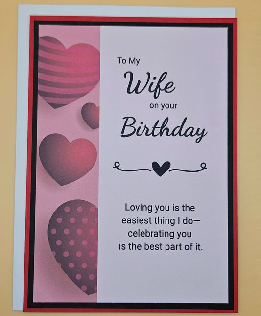 Birthday Card for Wife, Handmade Romantic Greeting Card, Heartfelt Message for Her, Pink Hearts