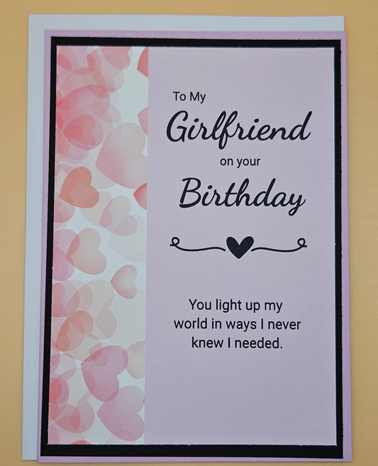 Birthday card for a girlfriend with heart design and heartfelt message.