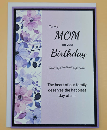 Greeting card for Mom on her birthday with floral design and text.