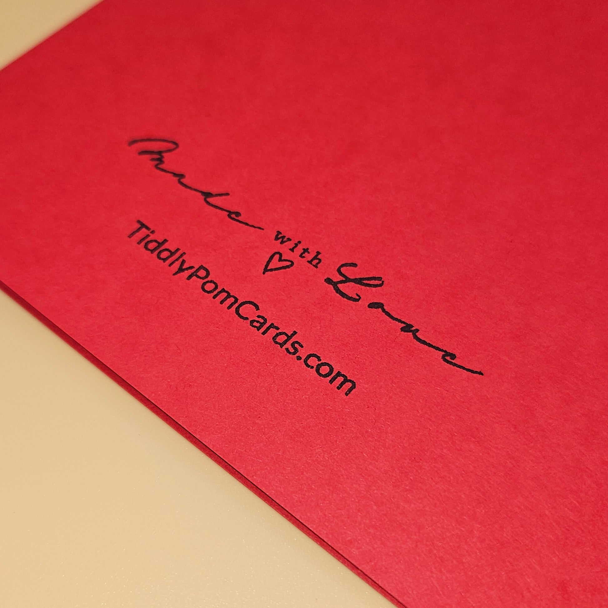 Red card with 'Made with Love' and TiddlyPomCards.com text on a beige background