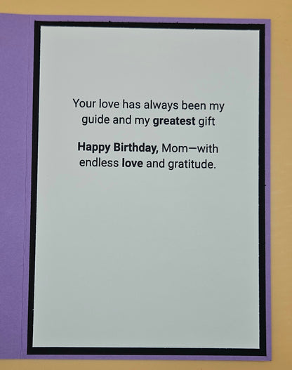 Greeting card with birthday message for a mother on a purple border