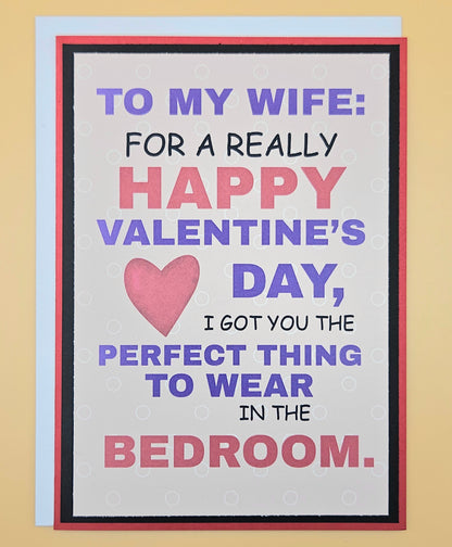 Valentine's Day card for a wife with humorous message and pink heart on beige background