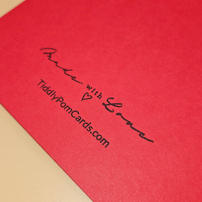 Red card with 'Made with Love' and 'TiddlyPomCards.com' text on a beige background