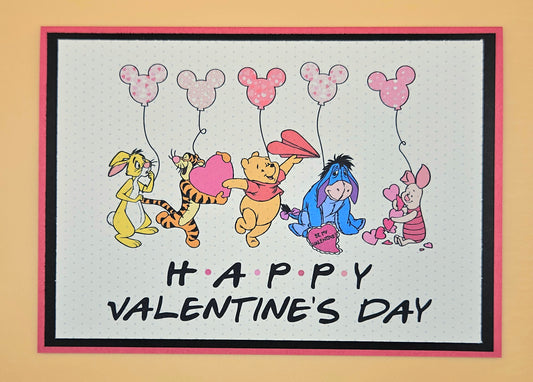 Valentine's Day card with Winnie the Pooh and friends holding balloons and hearts on a beige background.