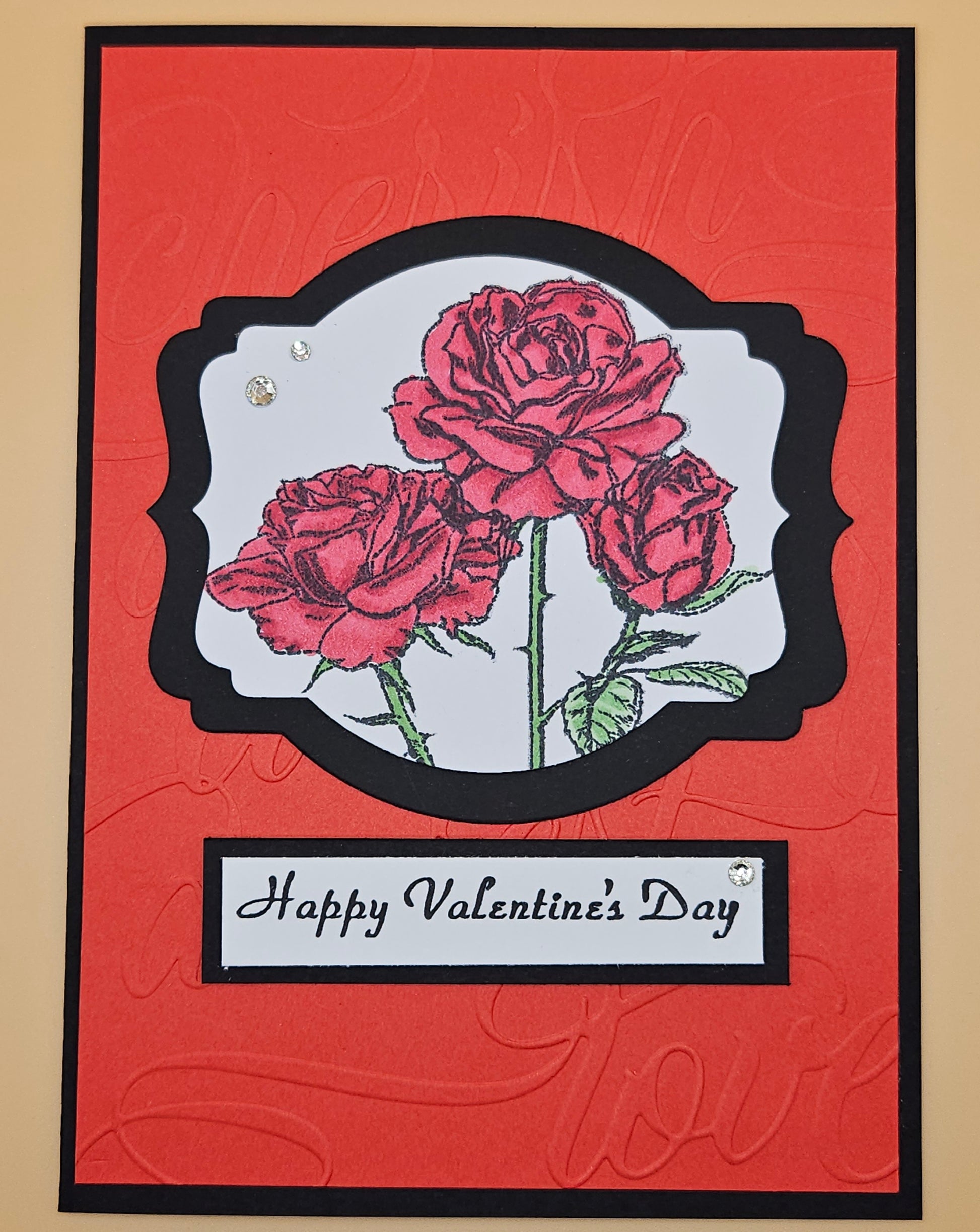 Valentine's Day card with red roses and 'Happy Valentine's Day' text on a red background