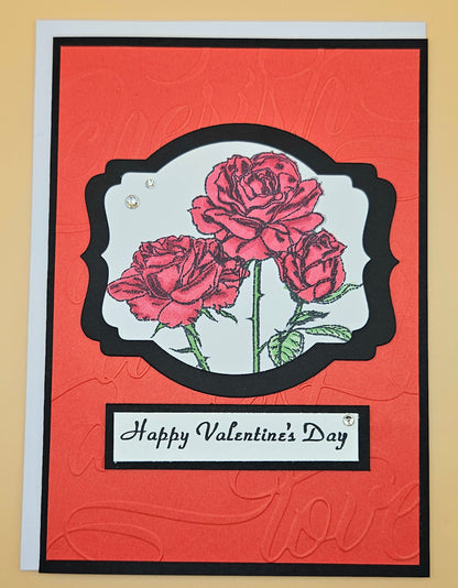 Handmade Valentine's Day Card, Hand-Colored Red Rose Bouquet, Embossed Keepsake Greeting Card