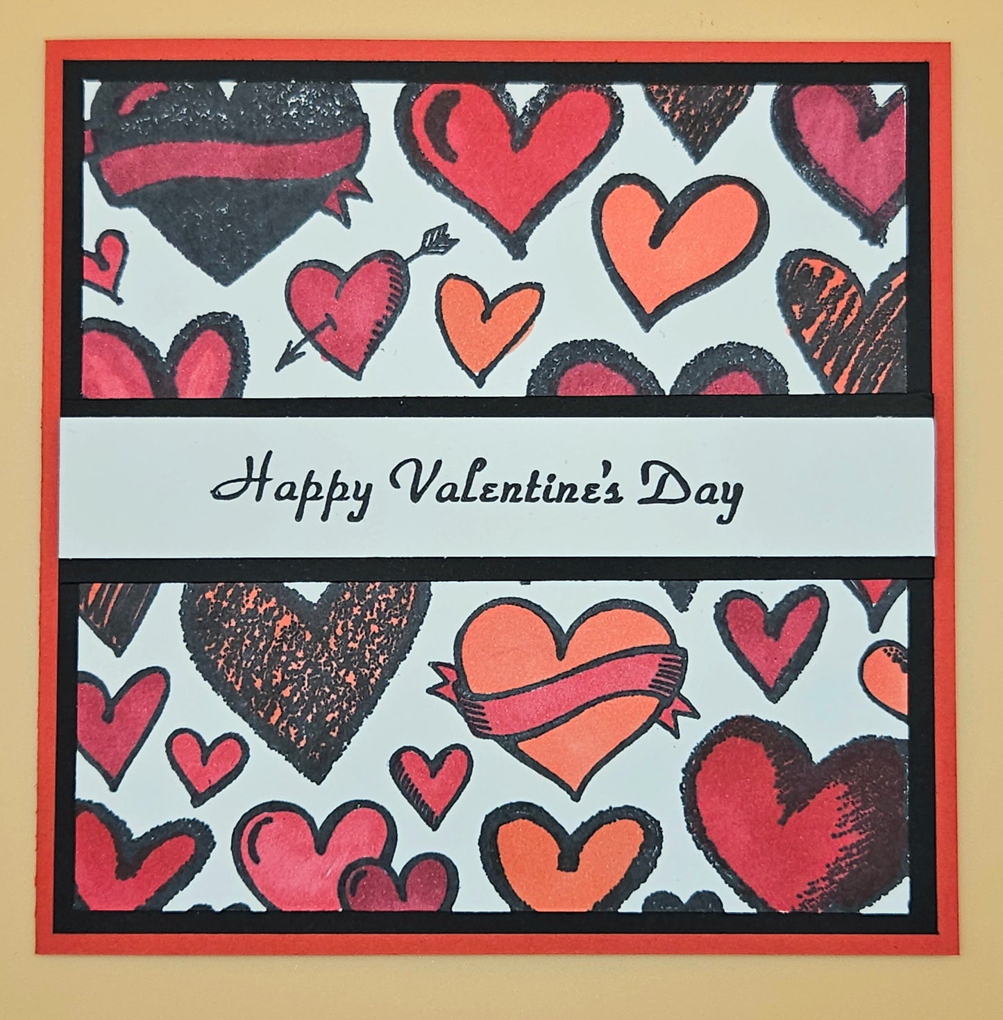 Valentine's Day Card, Handmade Hand-Colored Red and Black Hearts, Romantic Keepsake, Blank Inside