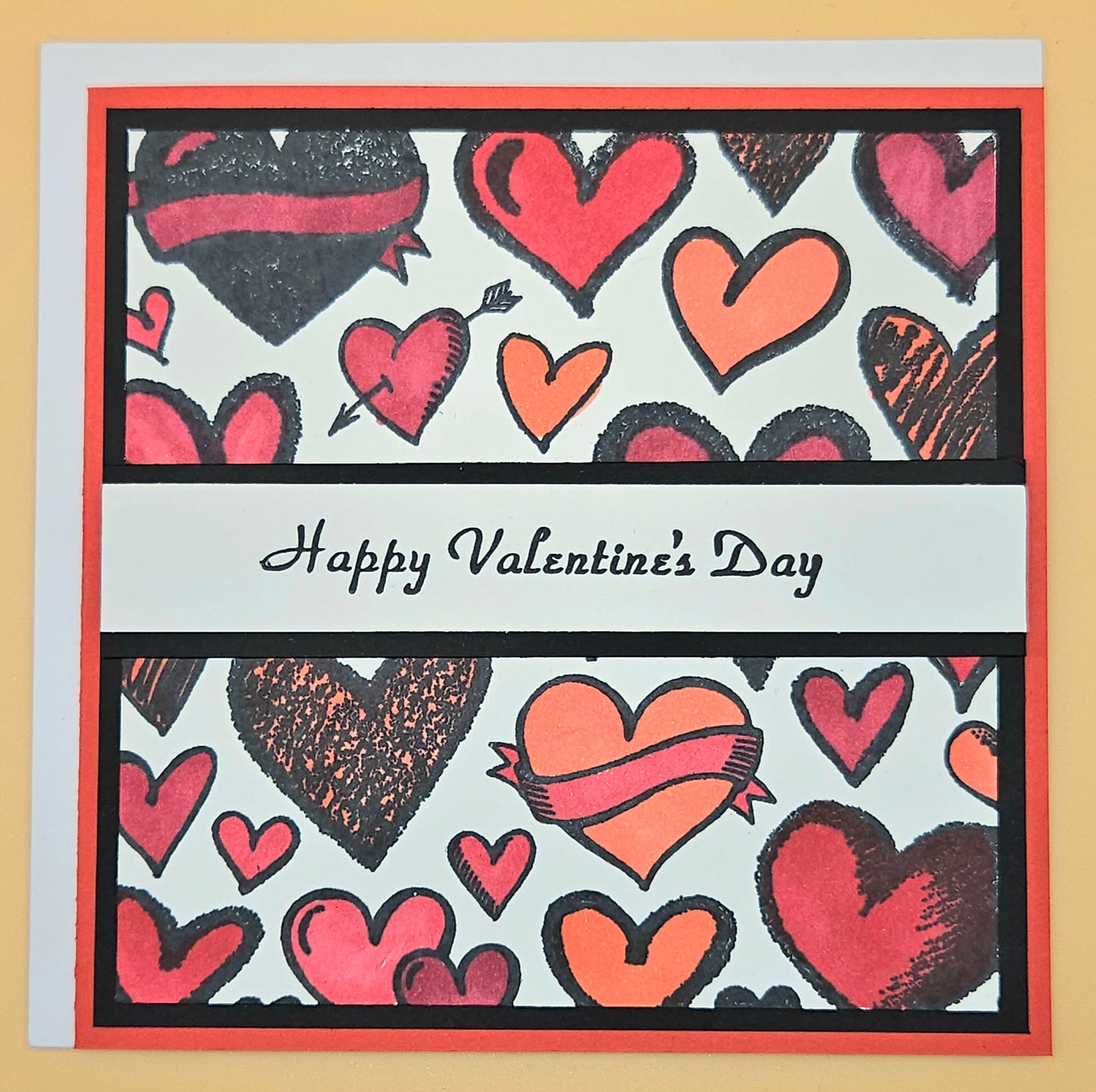 Handmade Valentine's Day Card, Hand-Colored Red and Black Hearts Keepsake Greeting Card