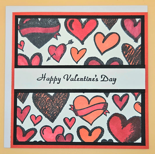 Handmade Valentine's Day Card, Hand-Colored Red and Black Hearts Keepsake Greeting Card