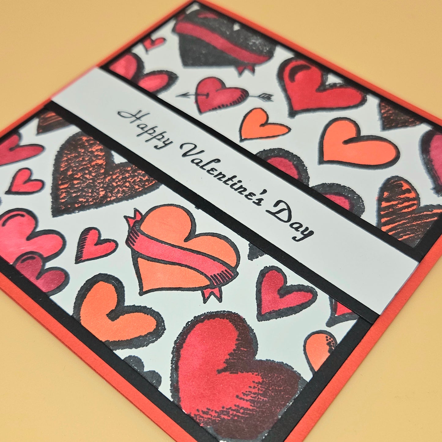 Handmade Valentine's Day Card, Hand-Colored Red and Black Hearts Keepsake Greeting Card
