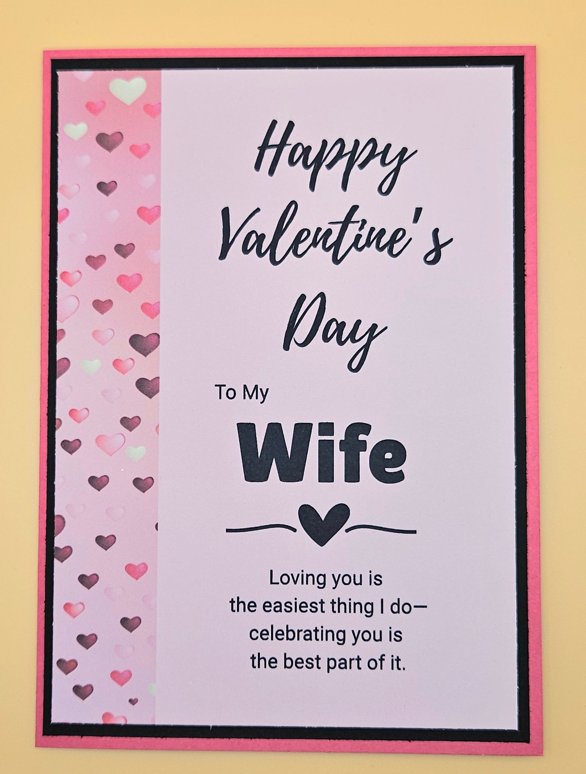 Valentine's Day card for wife with heart patterns and romantic message on a pink background