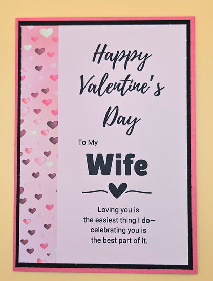 Valentine's Day card for wife with heart patterns and romantic message on a pink background