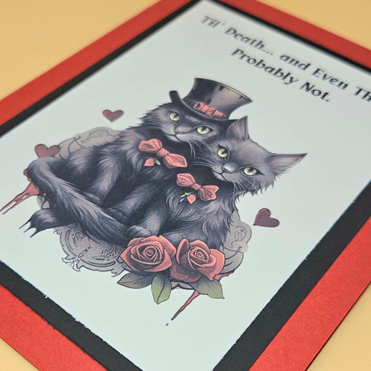 Card with two black cats in top hats and bow ties, surrounded by roses and hearts, with text 'Til Death.