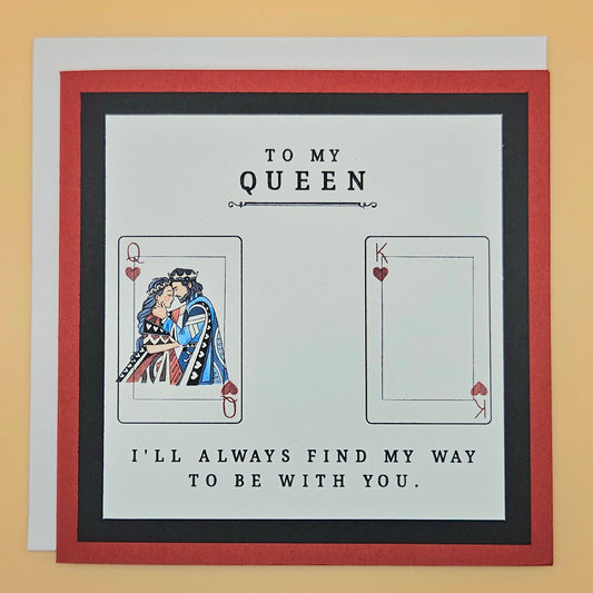 Greeting card with playing card design and romantic text on a beige background