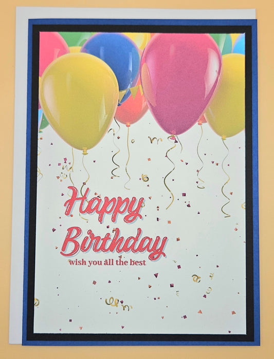 Birthday card with colorful balloons and 'Happy Birthday' text on a yellow background