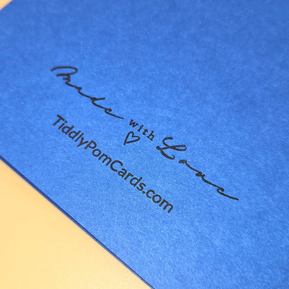 Blue card with 'Made with Love' and TiddlyPomCards.com text