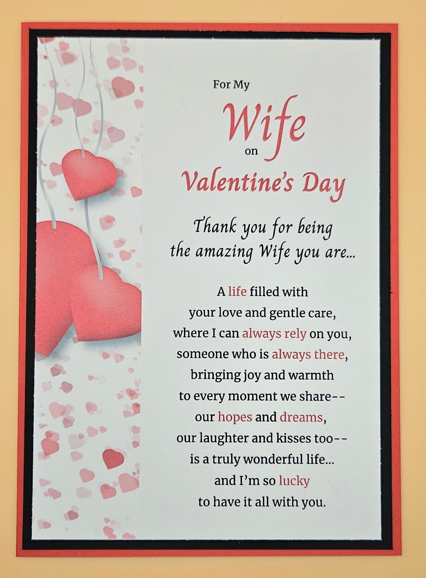 Valentine's Day card for a wife with hearts and a poem on a beige background