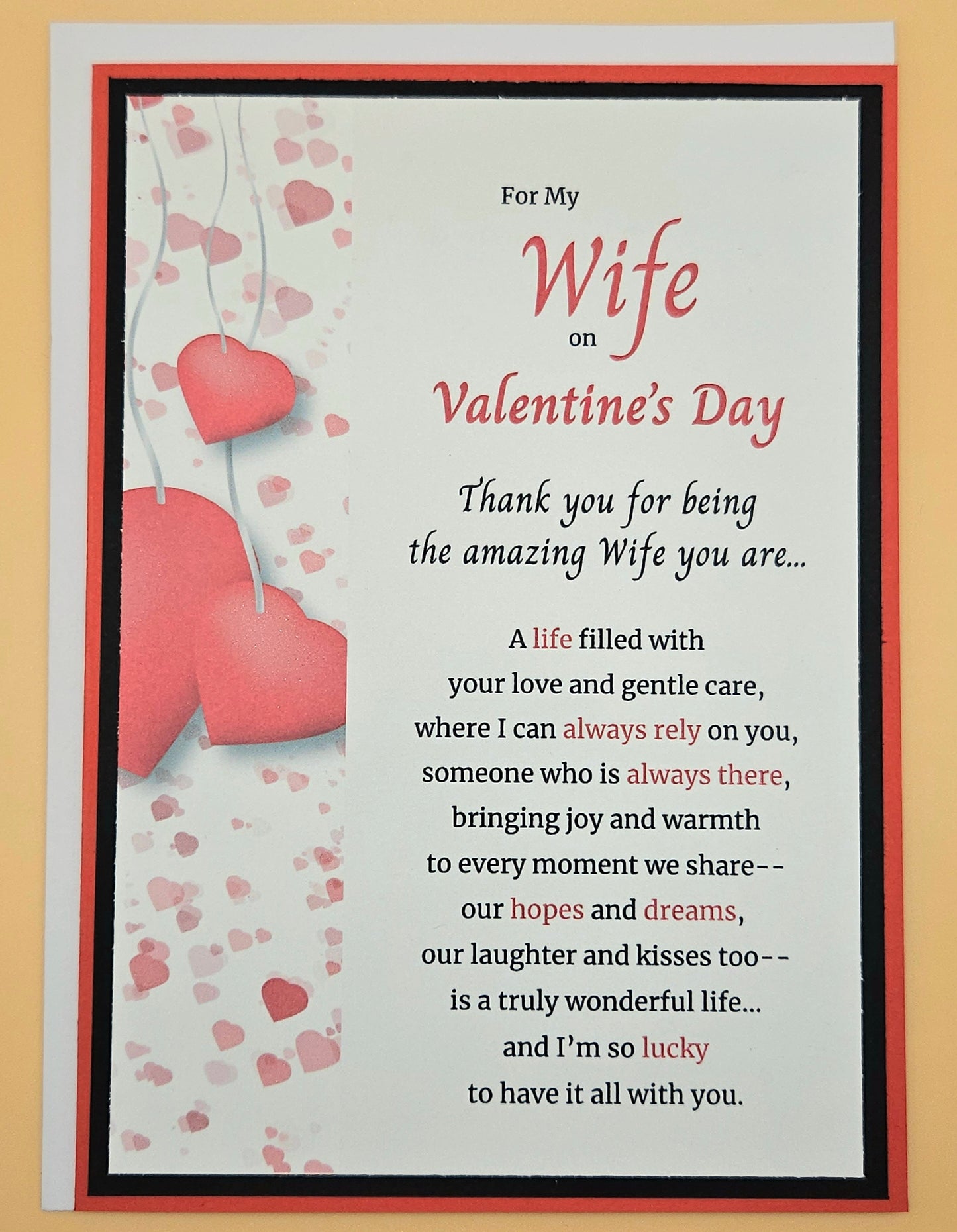 Valentine's Day card for a wife with heart designs and romantic text.