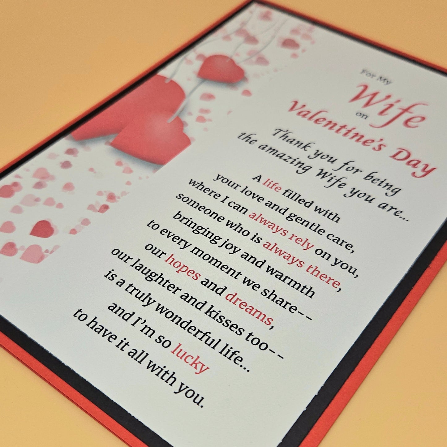 Valentine's Day card for a wife with heart designs and heartfelt message.
