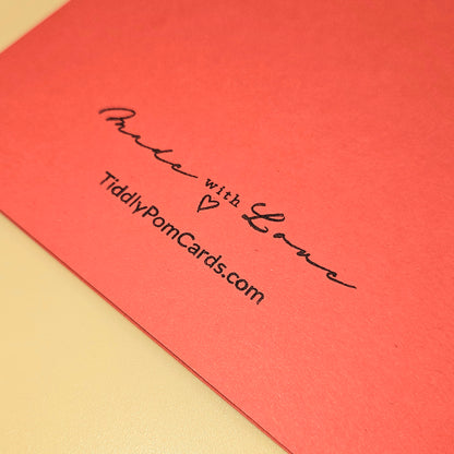 Red card with 'Made with Love' and TiddlyPomCards.com text on a beige background