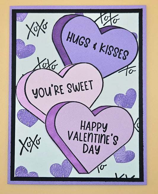 Handmade Valentine's Day Card, Romantic Keepsake Greeting Card, Hand Colored Purple Hearts, XOXO