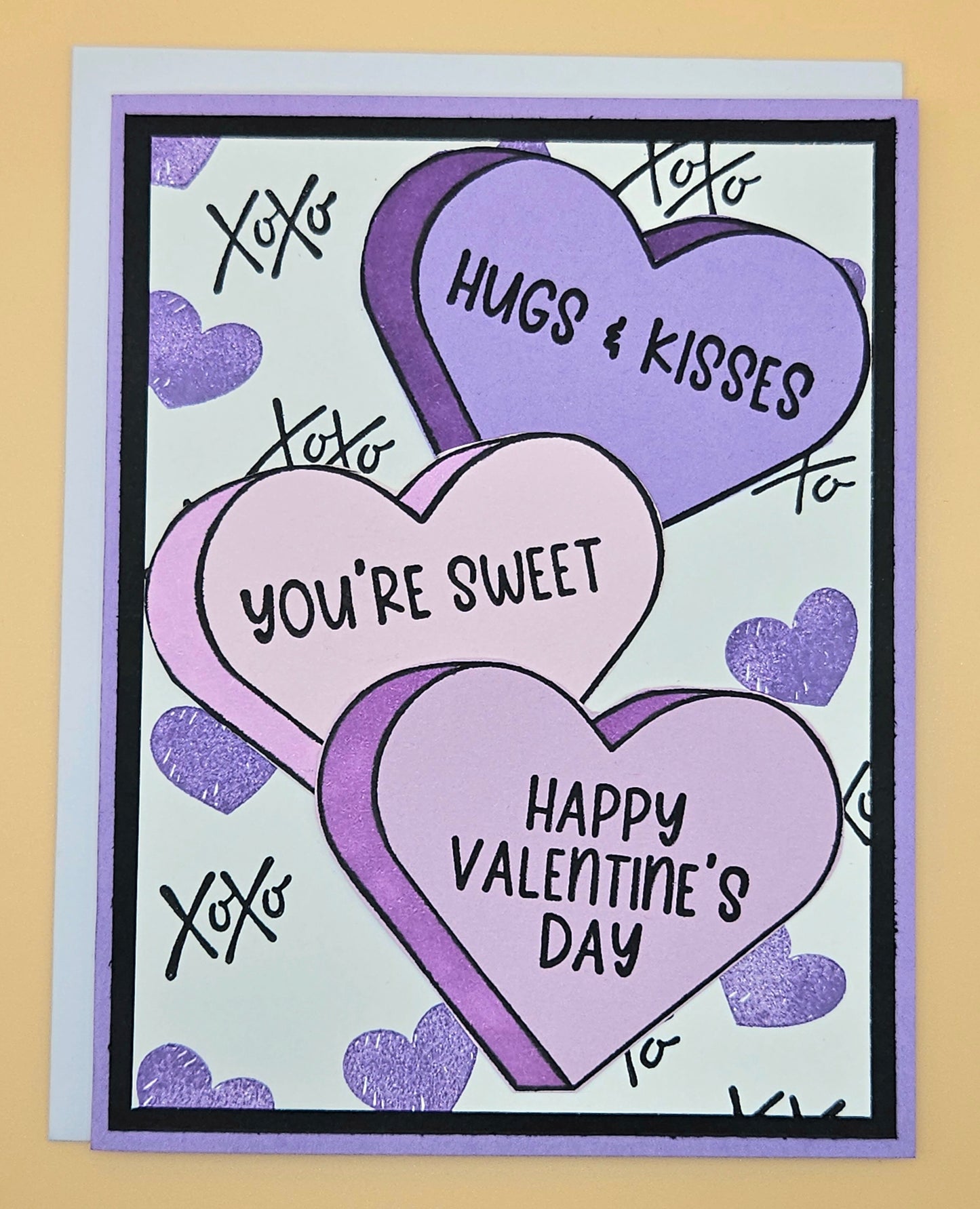 Valentine's Day Card, Handmade Hand-Colored Purple Hearts, XOXO Romantic Keepsake, Blank Inside
