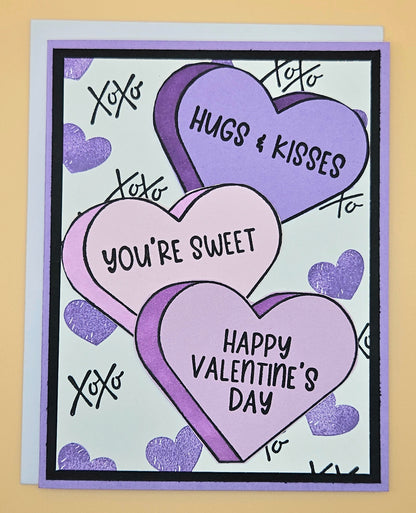 Valentine's Day Card, Handmade Hand-Colored Purple Hearts, XOXO Romantic Keepsake, Blank Inside