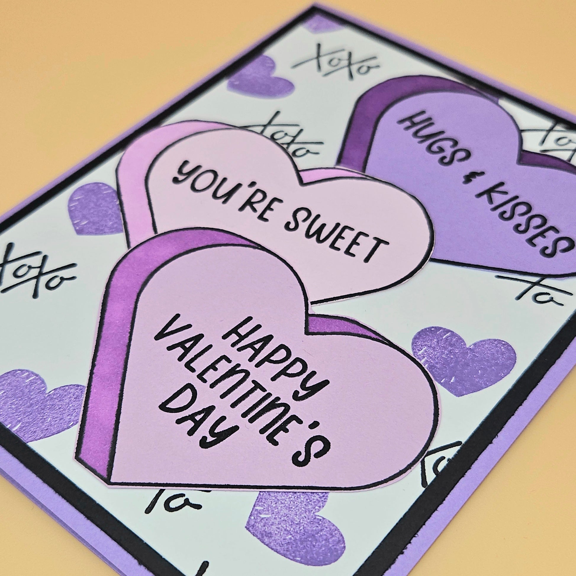 Valentine's Day card with heart-shaped messages on a beige background