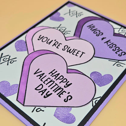 Valentine's Day card with heart-shaped messages on a beige background