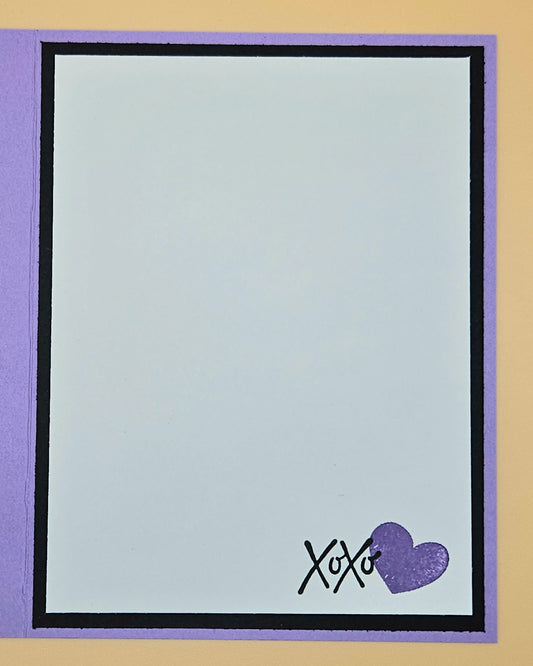 Note card with 'XOXO' and a heart stamp on a purple border