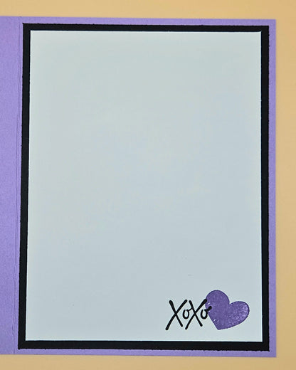 Note card with 'XOXO' and a heart stamp on a purple border