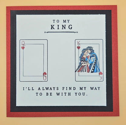 Card with King and Queen illustration and romantic text on a beige background