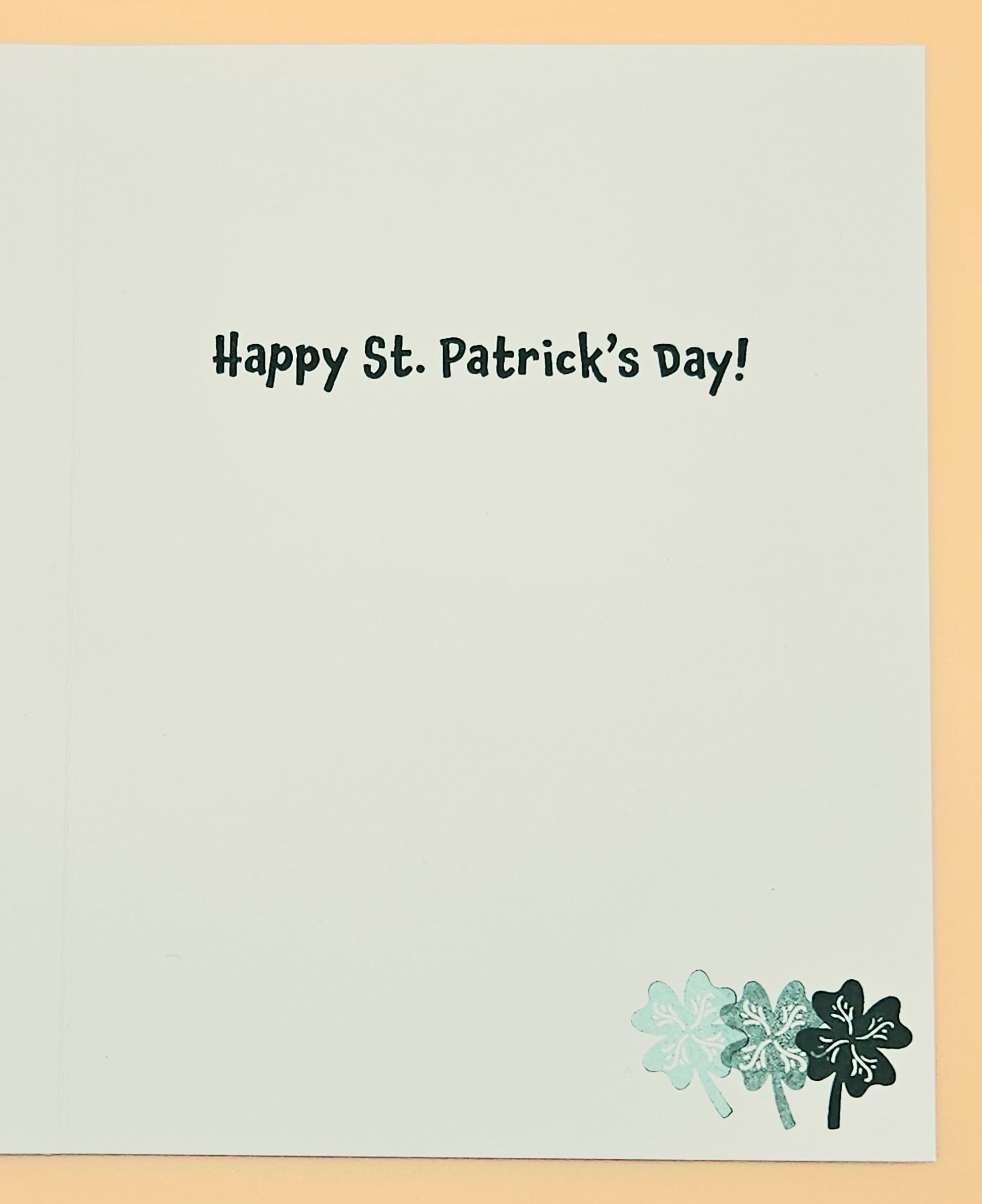 St. Patrick's Day card with text and shamrock design on a light gray background