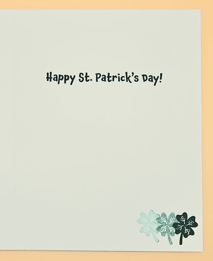 St. Patrick's Day card with text and shamrock design on a light gray background