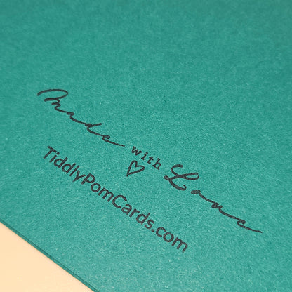 Green card with 'Made with Love' and 'TiddlyPomCards.com' text