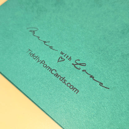 Green card with 'Made with Love' and TiddlyPomCards.com text on a yellow background
