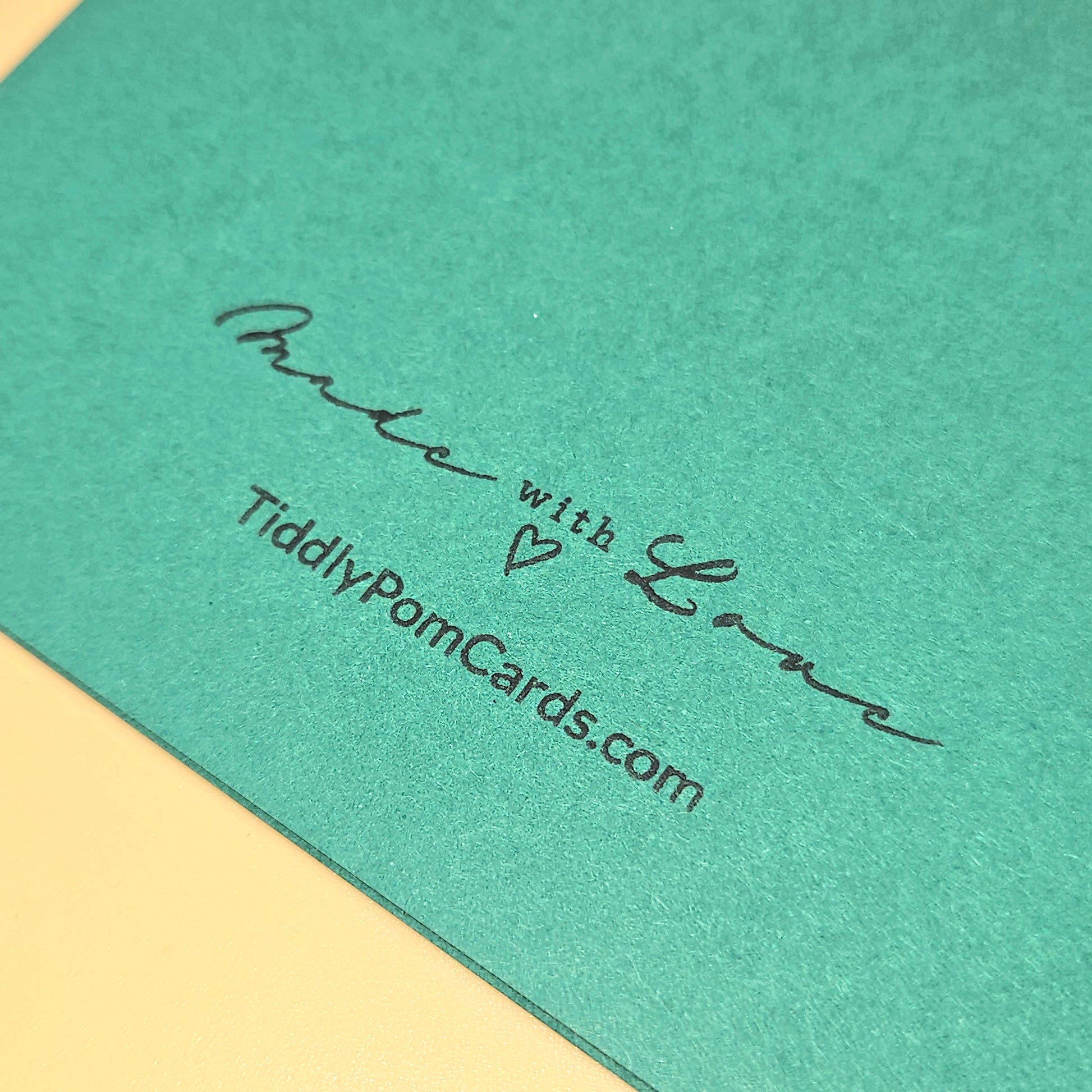 Green card with 'Made with Love' text and TiddlyPomCards.com on a yellow background