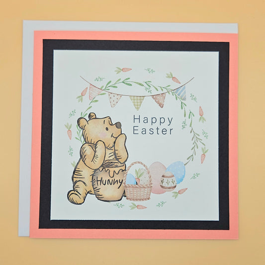 Greeting card with Winnie the Pooh and Easter elements on a beige background
