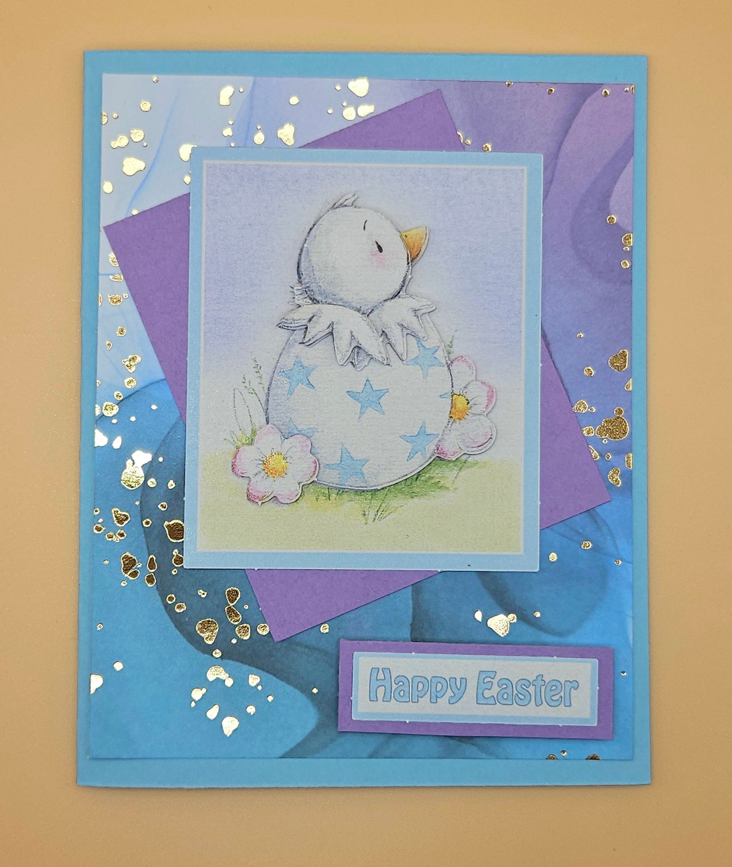 Easter Card, Handmade Hatchling Chick 3D Decoupage, Gold Accent Keepsake, Blank Inside