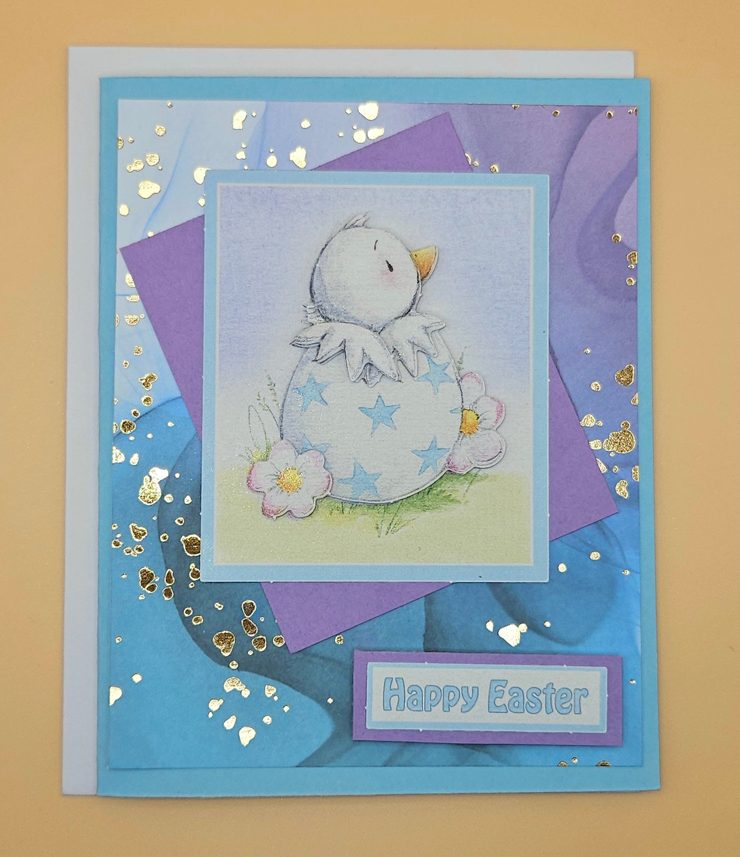 Easter Card, Handmade Hatchling Chick 3D Decoupage, Gold Accent Keepsake, Blank Inside