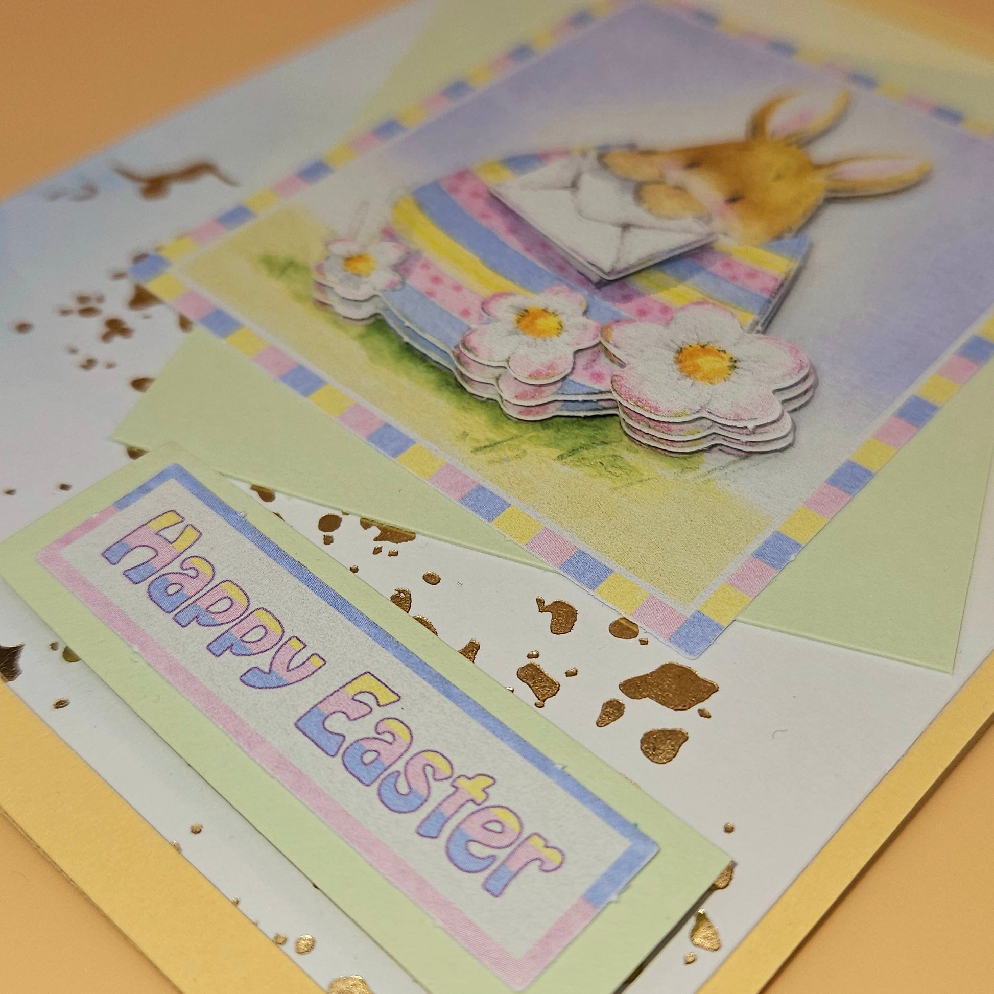 Easter card with bunny, flowers, and 'Happy Easter' text on a yellow background