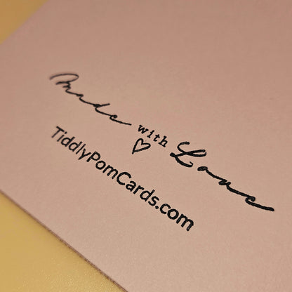 Card with 'Made with Love' text and TiddlyPomCards.com on a pink background